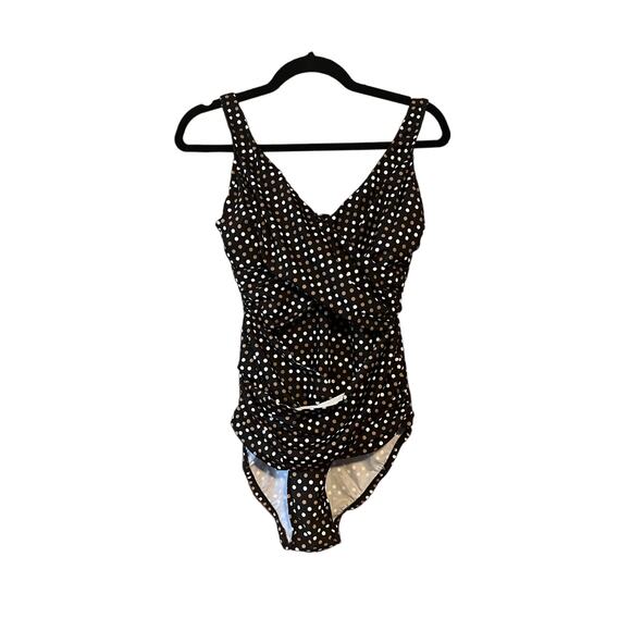 Trimshaper Women's Polka Dot One Piece Wrap Swimsuit Sleeveless Black/White 10 - Picture 1 of 10